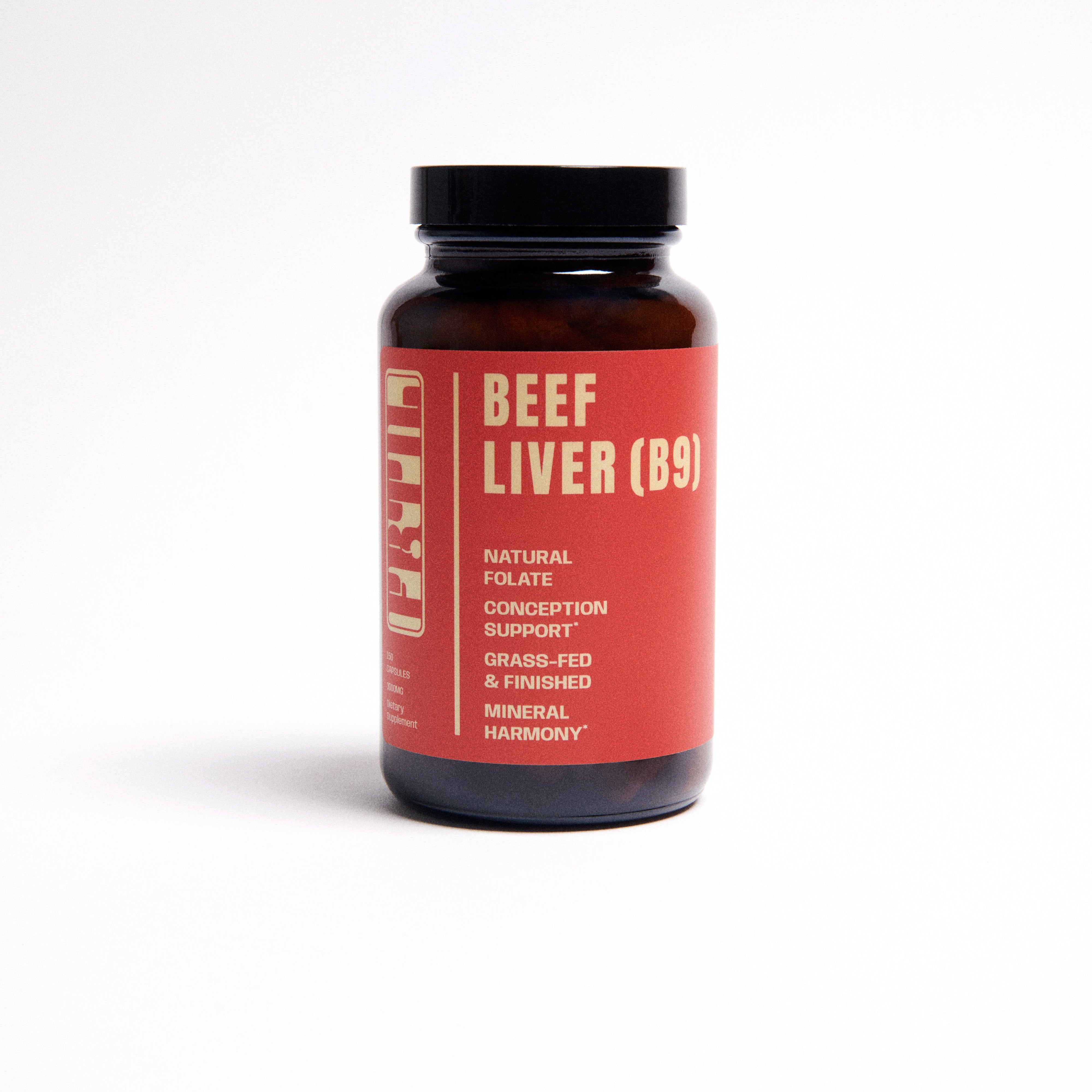 Supplement bottle labeled 'Beef Liver (B9)' on a white background
