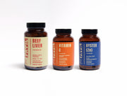 FRTIL Baseline Bundle featuring grass-fed beef liver, organic acerola vitamin C, and oyster (Zn) whole-food supplements.