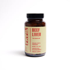 Grass-fed and finished beef liver supplement, freeze-dried New Zealand bovine capsules in an amber glass bottle by FRTIL.