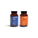 FRTIL Stress Defense bundle featuring Oyster (Zn) and Vitamin C supplements in capsule bottles on a white background.